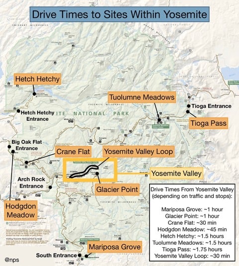 Map showing drive times to sites in Yosemite